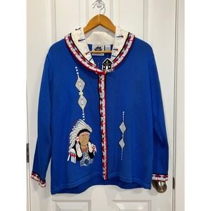 NWT Storybook Knits Women's 1X Blue Native American Chief Cardigan Sweater